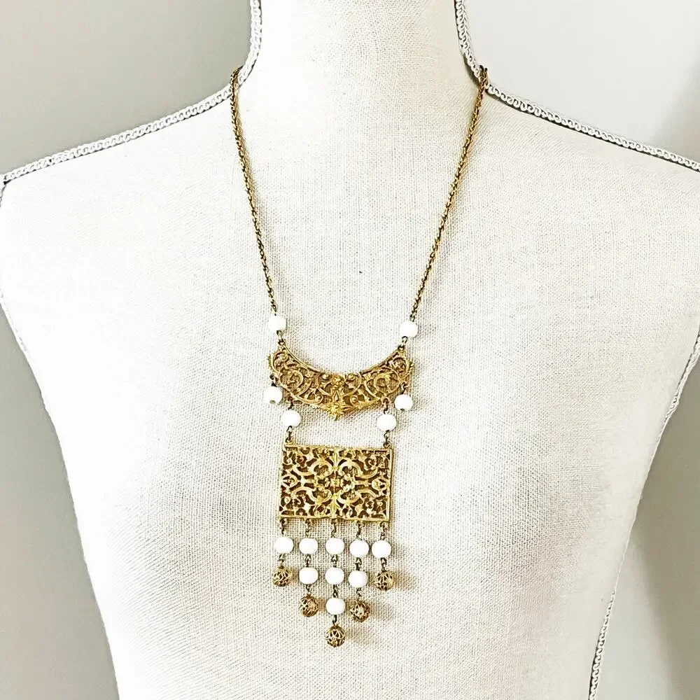 Vintage Gold with White Bead Filagree Fringe Pendant Necklace